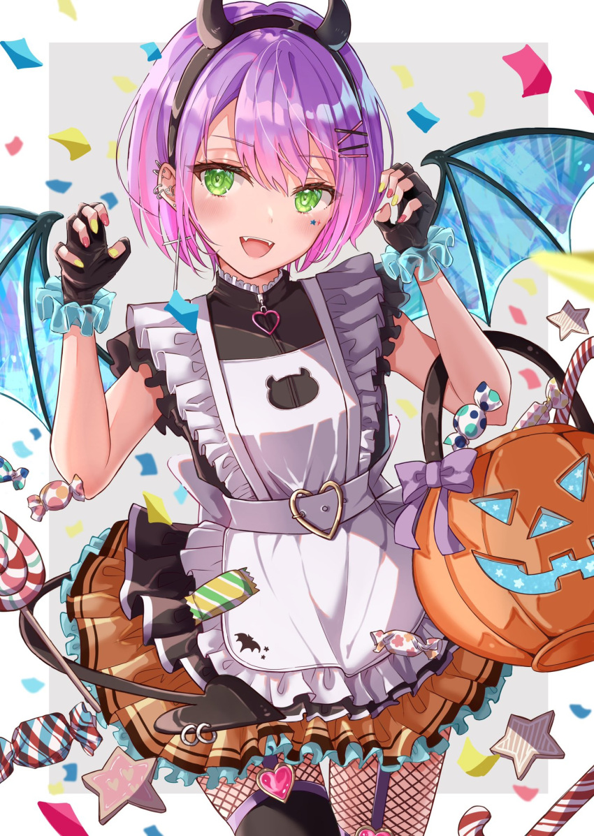1girl :d apron bangs black_dress black_gloves black_hairband black_legwear blush candy candy_cane claw_pose commentary confetti demon_horns demon_tail demon_wings dress ear_piercing english_commentary eyebrows_visible_through_hair facial_mark fake_horns fingerless_gloves fishnet_legwear fishnets food frilled_apron frilled_dress frilled_skirt frills garter_straps gloves green_eyes green_nails green_skirt hairband halloween halloween_bucket highres hololive horns looking_at_viewer maid_apron minausa multicolored_hair multicolored_nails nail_polish pantyhose piercing pink_hair purple_hair red_nails simple_background skirt smile solo tail tail_ornament tail_piercing thighhighs thighhighs_over_pantyhose tokoyami_towa two-tone_hair virtual_youtuber white_apron wings