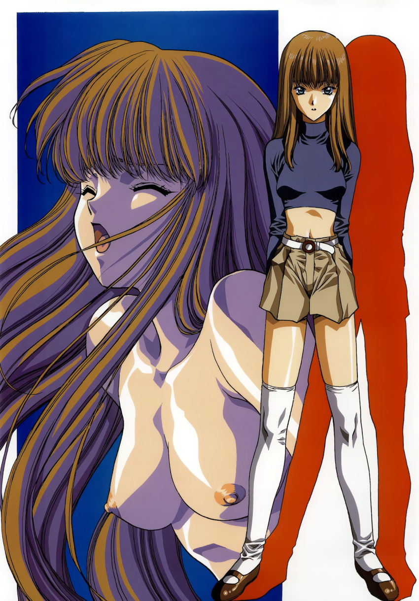 1girl black_eyes breasts brown_footwear brown_hair closed_eyes facing_viewer highres long_hair long_sleeves looking_at_viewer mary_janes midriff multiple_views nipples open_mouth original shoes shorts small_breasts standing thighhighs turtleneck urushihara_satoshi