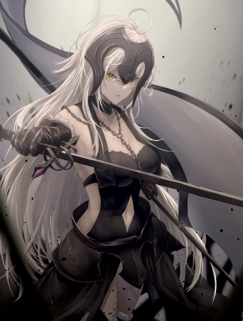 1girl absurdres ahoge armor bangs banner bare_shoulders black_dress breasts chain cleavage clothing_cutout collar cowboy_shot dress fate/grand_order fate_(series) faulds fur-trimmed_legwear fur_trim gauntlets gradient gradient_background grey_background hair_between_eyes headpiece highres holding holding_sword holding_weapon jeanne_d'arc_(alter)_(fate) jeanne_d'arc_(fate) long_hair looking_at_viewer medium_breasts navel_cutout outstretched_arm pale_skin parted_lips sideless_outfit sleeveless sleeveless_dress solo sword v-shaped_eyebrows very_long_hair weapon yagi_(yagi5art) yellow_eyes