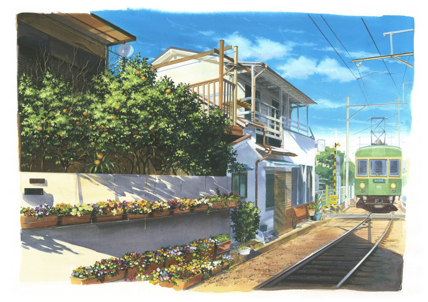 balcony building cloud commentary_request day enoshima_electric_railway flower ground_vehicle highres no_humans original overhead_line pipe plant potted_plant railroad_tracks scenery shadow shonan211 sky train utility_pole window