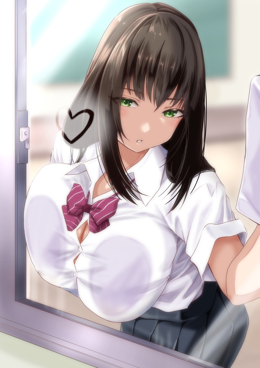 1girl absurdres against_glass bangs black_hair black_skirt blurry blurry_background breast_press breasts breasts_on_glass bursting_breasts chalkboard classroom cleavage collarbone commentary_request condensation green_eyes highres huge_breasts long_hair looking_at_viewer moriton original parted_lips red_neckwear school_uniform shirt short_sleeves sidelocks skirt solo uniform white_shirt window wiping