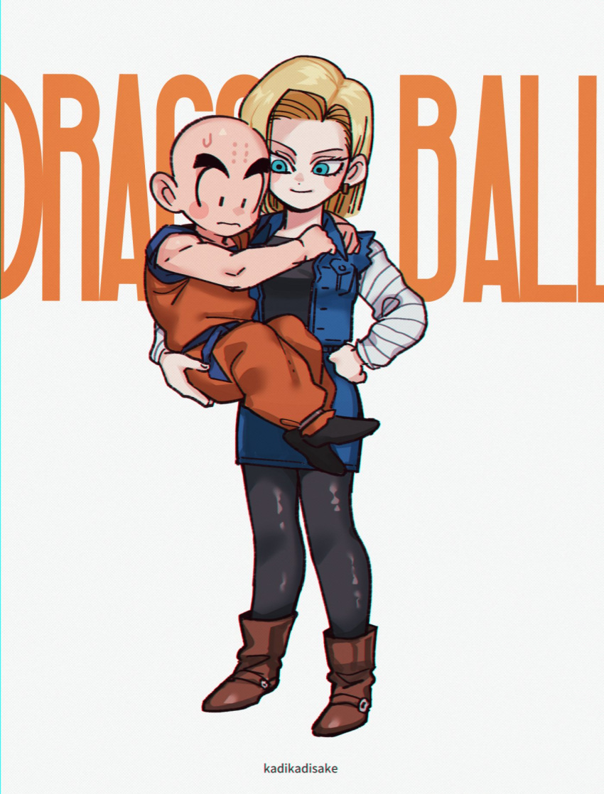 1boy 1girl android_18 bald blonde_hair blue_eyes blue_skirt blush_stickers boots carrying carrying_person copyright_name dougi dragon_ball dragon_ball_z full_body hand_on_hip height_difference hetero highres ka_ji kuririn long_sleeves pantyhose sash skirt smile standing