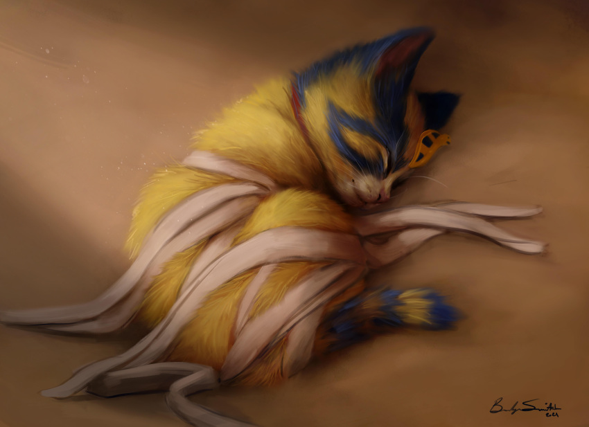 1girl absurdres animal_crossing animal_ears animalization ankha_(animal_crossing) bandages blue_fur cat cat_ears cat_tail closed_eyes cobra_(animal) collar curled_up full_body gauze highres jewelry mikrenart realistic red_collar signature simple_background sleeping snake solo striped tail uraeus whiskers yellow_fur