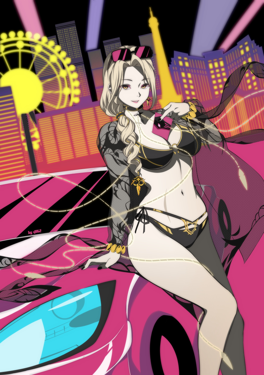 1girl absurdres artist_name bangs between_breasts bikini black_bikini black_choker black_nails breasts building car card_(medium) carmilla_(fate) carmilla_(swimsuit_rider)_(fate) chain choker cleavage curly_hair drill_hair earrings eyebrows_visible_through_hair eyewear_on_head fate/grand_order fate_(series) ferris_wheel gold_chain gold_trim ground_vehicle hair_ornament highres jewelry john48625555mkii lights lips looking_at_viewer midriff motor_vehicle navel night o-ring o-ring_bikini official_alternate_costume open_mouth parted_bangs parted_lips ponytail see-through single_leg_pantyhose smile solo sunglasses swimsuit thighs yellow_eyes