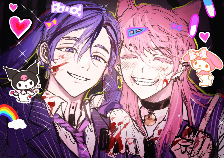 2boys ^_^ animal_ears bangs bell black_collar black_hair blood blood_on_face blood_on_hands closed_eyes collar dog_boy dog_ears earrings grin haitani_ran hand_on_another's_shoulder hand_up heart inmate081486 jacket jewelry kuromi long_hair male_focus middle_finger multicolored_hair multiple_boys my_melody neck_tattoo necktie onegai_my_melody pink_hair purple_eyes purple_hair purple_jacket purple_necktie purple_vest sanzu_haruchiyo scar scar_on_face shirt short_hair sketch smile tattoo tokyo_revengers two-tone_hair upper_body vest white_shirt