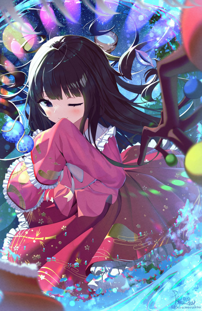 1girl ;) bamboo_print bangs black_eyes black_hair blush bow bowl bowtie branch commentary covering_mouth danmaku egasumi floating floating_hair floral_print frilled_shirt_collar frilled_skirt frilled_sleeves frills highres hime_cut houraisan_kaguya japanese_clothes jeweled_branch_of_hourai kiramarukou long_hair long_skirt long_sleeves looking_at_viewer night one_eye_closed pink_shirt red_skirt shawl shell shirt signature skirt sky sleeves_past_wrists smile solo star_(sky) starry_sky touhou twitter_username very_long_hair white_bow white_bowtie wide_sleeves