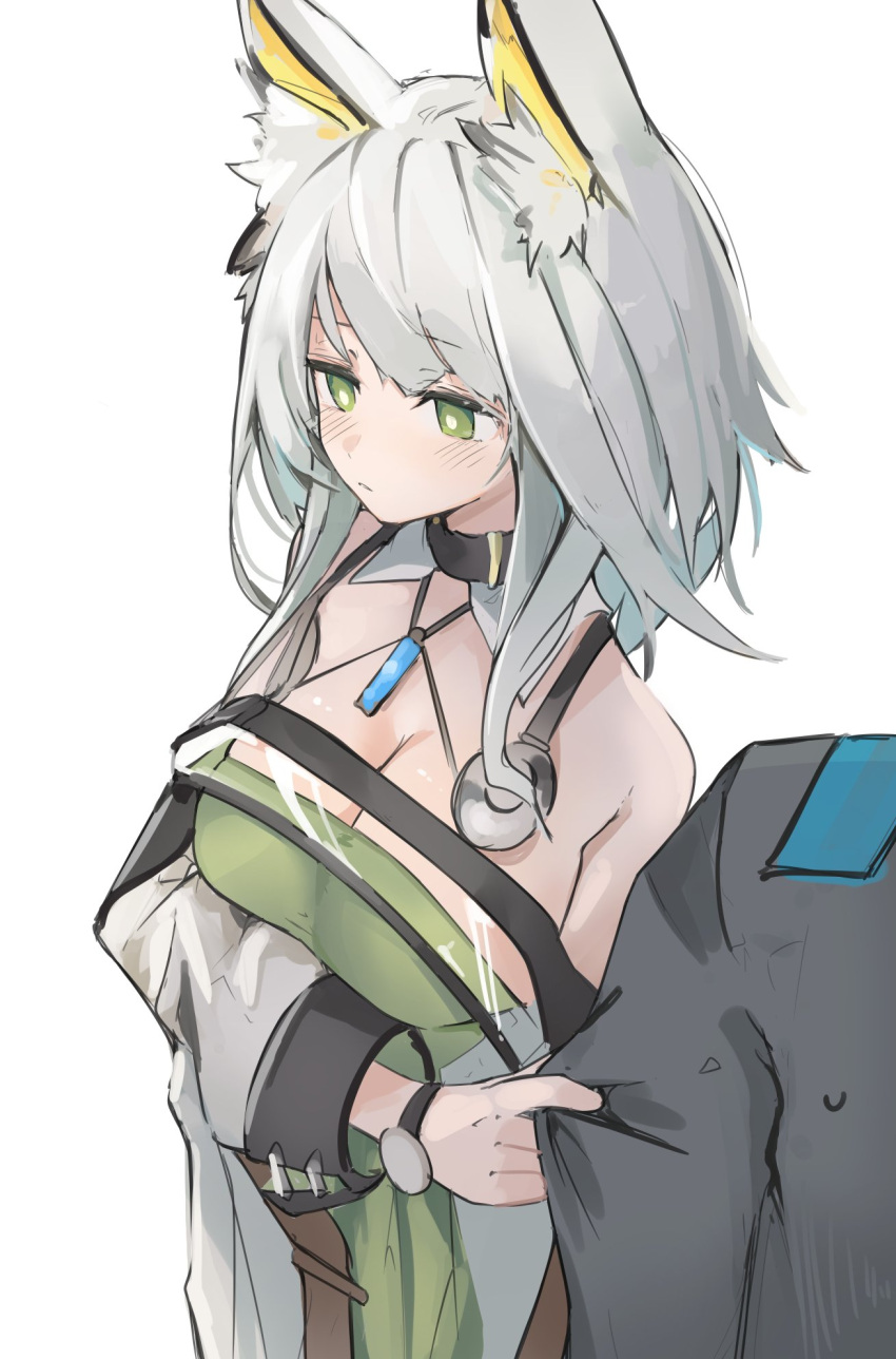 1girl animal_ear_fluff animal_ears arknights bangs blush breasts cat_ears cat_girl cleavage clothes_grab doctor_(arknights) dress eyebrows_visible_through_hair green_dress highres kal'tsit_(arknights) large_breasts mikojin off-shoulder_dress off_shoulder short_hair silver_hair simple_background sleeve_grab solo_focus white_background