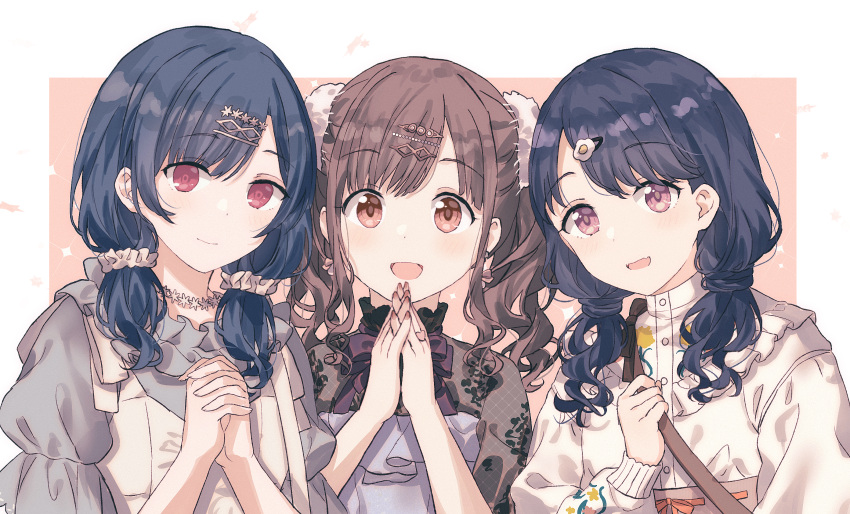3girls bag bangs blue_hair border brown_eyes brown_hair closed_mouth commentary dress egg_hair_ornament eyebrows_visible_through_hair fangs food-themed_hair_ornament fukumaru_koito gocoli grey_shirt hair_behind_ear hair_ornament hair_scrunchie hairclip highres idolmaster idolmaster_shiny_colors jewelry long_hair long_sleeves looking_at_viewer low_twintails morino_rinze multiple_girls necklace open_mouth outside_border own_hands_clasped own_hands_together pinafore_dress red_eyes scrunchie shirt short_twintails shoulder_bag sidelocks skin_fangs smile sonoda_chiyoko sweater twintails upper_body white_border