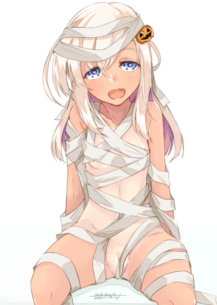 1girl :d alakoala artist_name bandages blonde_hair blue_eyes blush breasts cleft_of_venus dated fang food-themed_hair_ornament hair_ornament highres kantai_collection long_hair looking_at_viewer naked_bandage open_mouth pumpkin_hair_ornament pussy pussy_peek ro-500_(kancolle) simple_background sitting small_breasts smile solo tan tanlines white_background