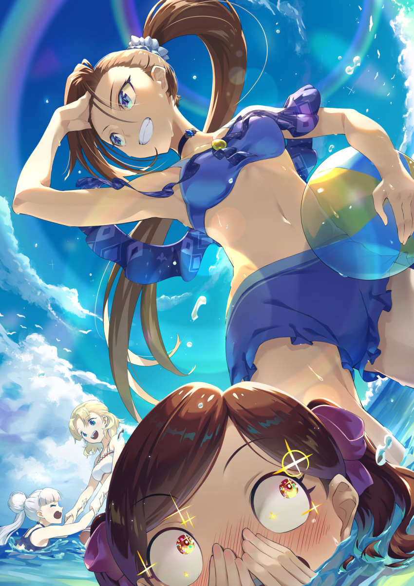 4girls ball beachball bikini blonde_hair blue_bikini blue_eyes blue_sky blush brown_hair covering_mouth dog_man_cat grin highres katarina_claes maria_campbell mary_hunt midriff multiple_girls navel ocean otome_game_no_hametsu_flag_shika_nai_akuyaku_reijou_ni_tensei_shite_shimatta ponytail scrunchie sky smile sophia_ascart swimsuit white_hair