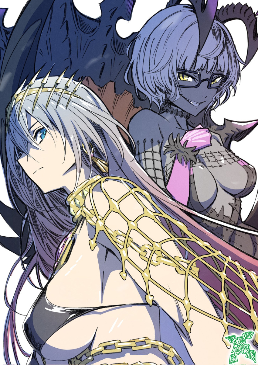 2girls bikini bikini_top blue_eyes breasts chain earrings fate/grand_order fate_(series) glasses gold_chain grey_hair grin highres horns jacques_de_molay_(foreigner)_(fate) jewelry large_breasts long_hair looking_at_viewer looking_to_the_side medium_breasts multiple_girls pink_x signature smile swimsuit yellow_eyes zenobia_(fate)