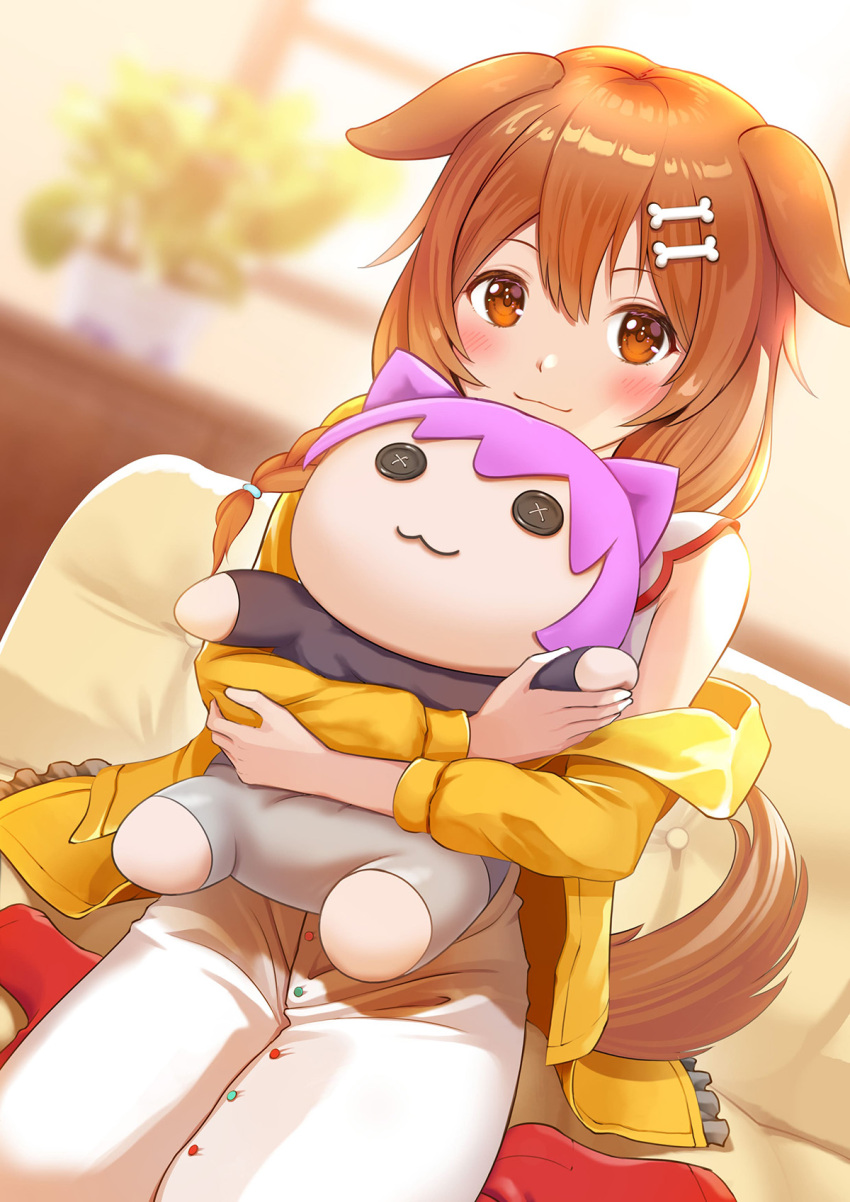 1girl animal_ears bangs bone_hair_ornament braid brown_eyes brown_hair character_doll collar dog_ears dog_girl dog_tail extra_ears eyebrows_visible_through_hair hair_between_eyes hair_down hair_ornament hair_over_shoulder hairclip highres hololive inugami_korone jacket long_hair looking_at_viewer low_twin_braids nekomata_okayu object_hug off_shoulder side_braids sidelocks smile solo stuffed_toy tail takahira_(takahirac562) twin_braids virtual_youtuber