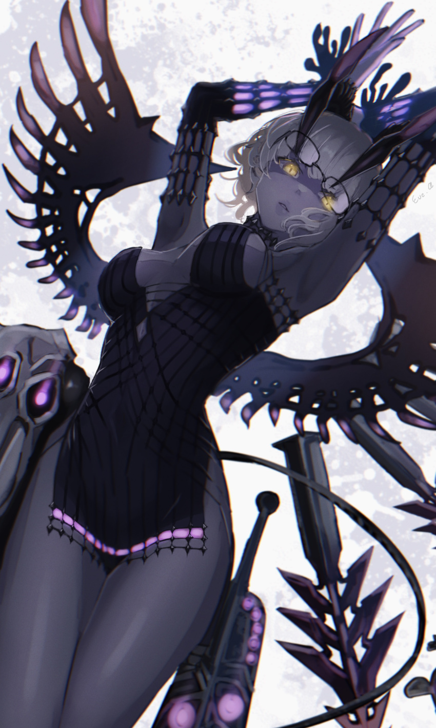 1girl absurdres animal_skull arms_up black_dress colored_skin commentary_request dress elbow_gloves fate/grand_order fate_(series) full_moon glasses gloves glowing glowing_eyes grey_hair grey_skin highres horns i_b_san jacques_de_molay_(foreigner)_(fate) moon yellow_eyes