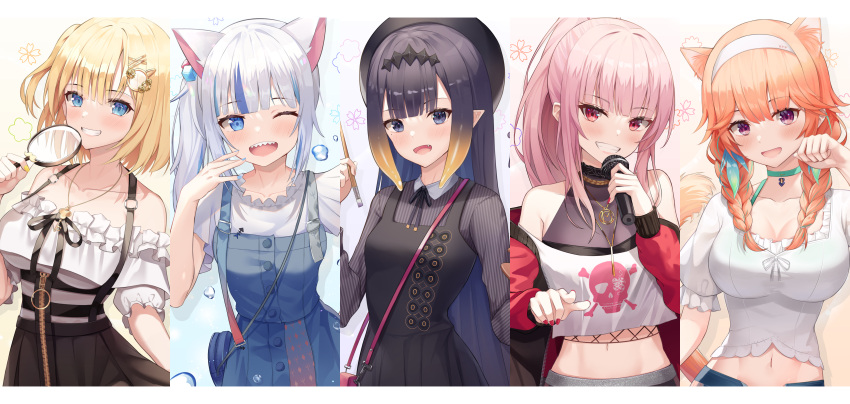 5girls :d ;d absurdres animal_ear_fluff animal_ears bag bangs bare_shoulders black_dress black_eyes black_ribbon black_skirt blonde_hair blue_dress blue_eyes blue_hair blue_nails blunt_bangs bra_strap braid breasts cat_ears cat_tail choker collarbone commentary crop_top crop_top_overhang dress eyebrows_visible_through_hair fang frilled_shirt frilled_sleeves frills gawr_gura gradient_hair green_choker grin hair_ornament hairband high-waist_skirt highres holding holding_magnifying_glass holding_microphone holding_paintbrush hololive hololive_english holomyth jacket jewelry key_necklace large_breasts long_hair long_sleeves looking_at_viewer magnifying_glass microphone midriff mole mole_under_eye monocle_hair_ornament mori_calliope multicolored_hair multiple_girls nail_polish necklace ninomae_ina'nis off-shoulder_shirt off_shoulder official_alternate_costume one_eye_closed open_clothes open_jacket open_mouth orange_hair paintbrush paw_pose pink_hair pointing pointing_at_viewer pointy_ears ponytail purple_eyes red_eyes red_jacket red_nails ribbon sharp_teeth shirt short_hair short_sleeves shoulder_bag shuvi_(shuvi1125) side_ponytail silver_hair skirt small_breasts smile streaked_hair striped striped_shirt tail takanashi_kiara teeth twin_braids two-tone_hair upper_body upper_teeth vertical-striped_shirt vertical_stripes virtual_youtuber watson_amelia white_hairband white_shirt yellow_nails zipper zipper_pull_tab zipper_skirt