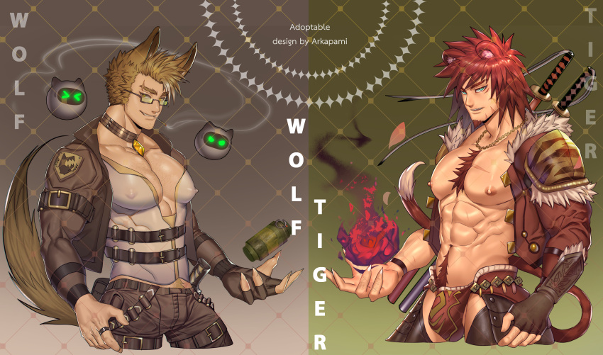 &gt;_&lt; 2boys abs absurdres animal_ears arkapami bara bare_pectorals belt_collar blue_eyes bulge chest_hair collar covered_nipples creature crotchless crotchless_pants english_commentary eyebrow_cut facial_hair fingernails from_side fur-trimmed_jacket fur_trim glasses goatee highres jacket large_pectorals leather leather_jacket leather_pants light_brown_hair loincloth looking_at_viewer male_focus mature_male medium_hair midriff_peek monkey_ears monkey_tail multiple_boys muscular muscular_male navel navel_hair nipples open_clothes open_jacket original pants pectoral_cleavage pectorals penis penis_peek red_hair sharp_fingernails short_hair stomach sword sword_behind_back tail thick_thighs thighs weapon wolf_boy wolf_ears wolf_tail