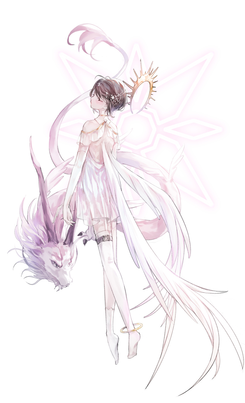 1girl absurdres angel_wings bare_shoulders closed_eyes closed_mouth digimon digimon_(creature) digimon_adventure_tri. dragon elbow_gloves feet floating full_body gloves hair_ornament halo highres holydramon jewelry layla_836829767 legs_apart no_shoes simple_background single_sock single_thighhigh skirt socks thigh_strap thighhighs white_background white_gloves white_skirt wings yagami_hikari