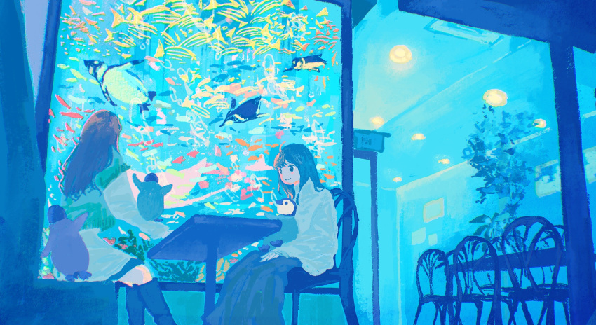 2girls aquarium bird black_footwear black_hair black_skirt blouse blue_theme boots brown_hair cafe ceiling_light chair closed_mouth commentary_request feet_out_of_frame fish green_sweater highres indoors knee_boots long_hair looking_at_another multiple_girls original penguin shirt skirt smile sweater tabisumika table white_blouse white_shirt