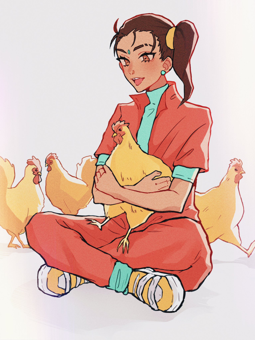 1girl 4o3o animal apex_legends bird brown_hair chicken dark-skinned_female dark_skin earrings english_commentary eyebrow_cut facial_mark forehead_mark green_shirt hair_behind_ear highres holding holding_animal holding_bird jewelry looking_down open_mouth orange_jumpsuit rampart_(apex_legends) shirt side_ponytail smile solo tooth_gap yellow_footwear