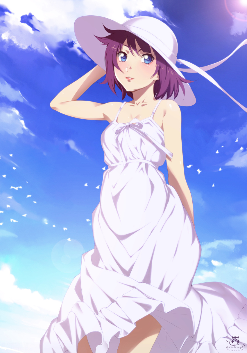 1girl absurdres bangs bare_shoulders blue_eyes blue_sky breasts cloud collarbone commentary cowboy_shot dress english_commentary hair_between_eyes hat highres holding holding_clothes holding_hat monogatari_(series) outdoors purple_hair senjougahara_hitagi short_hair sky sleeveless sleeveless_dress smile solo stayaliveplz white_dress white_headwear wind wind_lift