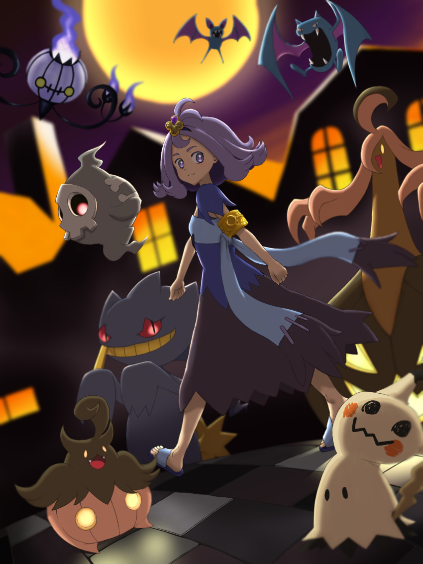 1girl acerola_(pokemon) armlet banette bangs blue_dress blurry building chandelure check_commentary closed_mouth commentary commentary_request dress duskull flip-flops flipped_hair golbat gourgeist hair_ornament hairclip highres looking_back medium_hair mimikyu moon multicolored_clothes multicolored_dress night osugyino_(giura2447) outdoors pokemon pokemon_(creature) pokemon_(game) pokemon_sm pumpkaboo purple_hair sandals short_sleeves sky smile standing topknot torn_clothes torn_dress window zubat