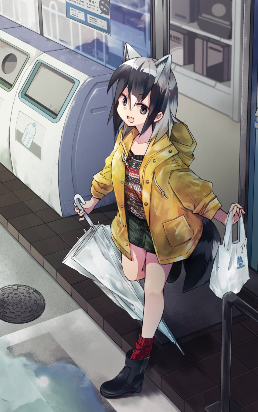 1girl :d alternate_costume animal_ears bag black_footwear black_hair boots casual closed_umbrella coat commentary_request common_raccoon_(kemono_friends) drawstring extra_ears eyebrows_visible_through_hair fang full_body green_shorts grey_eyes grey_hair grocery_bag highres hood hood_down kemono_friends long_sleeves manhole_cover multicolored_hair nanana_(nanana_iz) open_clothes open_coat outdoors plastic_bag puddle raccoon_ears raccoon_girl raccoon_tail raincoat red_legwear rubber_boots shop shopping_bag short_hair short_shorts shorts skin_fang smile socks solo sweater tail trash_can umbrella white_hair yellow_raincoat