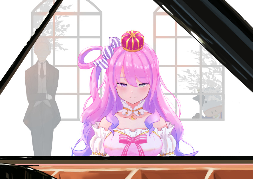 1boy 1girl 6mint absurdres blush candy_hair_ornament crown detached_collar eyebrows_visible_through_hair faceless faceless_male food-themed_hair_ornament green_eyes hair_ornament hair_rings heterochromia highres himemori_luna hololive instrument looking_down music piano pink_hair playing_instrument playing_piano purple_eyes shitsuji-chan_(himemori_luna) side_ponytail smile standing upper_body virtual_youtuber window