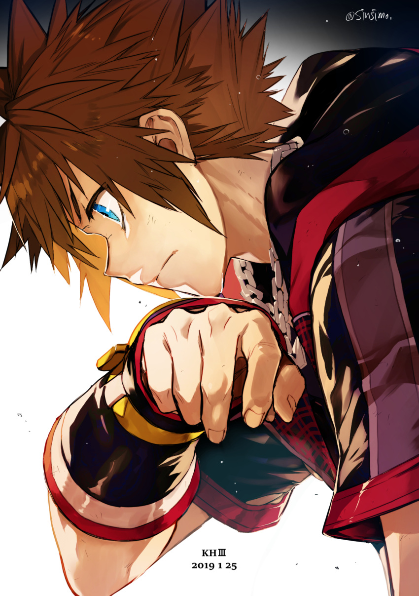 1boy blue_eyes brown_hair chain chain_necklace dated fingerless_gloves from_side gloves highres jacket kingdom_hearts male_focus morishita_makoto short_hair signature solo sora_(kingdom_hearts) spiked_hair