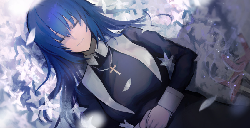 1girl absurdres alternate_hair_length alternate_hairstyle amirun bangs black_dress black_keys_(type-moon) blue_hair chain chain_necklace ciel_(tsukihime) closed_eyes closed_mouth commentary_request cross cross_necklace dress eyebrows_visible_through_hair flower flower_bed habit hair_between_eyes highres jewelry latin_cross long_hair long_sleeves lying md5_mismatch necklace nun own_hands_together petals smile solo tsukihime tsukihime_(remake) weapon white_flower