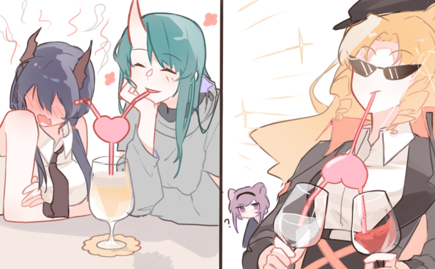 4girls ? animal_ears arknights beret black_hairband black_headwear black_jacket black_necktie blue_hair blush ch'en_(arknights) chinese_commentary closed_eyes collared_shirt commentary_request crazy_straw dragon_horns drill_hair drinking_straw full-face_blush green_hair grey_sweater hairband hat head_rest heart_straw horns hoshiguma_(arknights) jacket lin_yuhsia_(arknights) long_hair mouse_ears multiple_girls naichabencha necktie no_eyes oni_horns open_mouth orange_hair purple_eyes purple_hair shared_straw shirt side_drill sidelocks simple_background single_horn sleeveless sleeveless_shirt smile sunglasses sweater swire_(arknights) twin_drills twintails upper_body wavy_mouth white_background white_shirt yuri