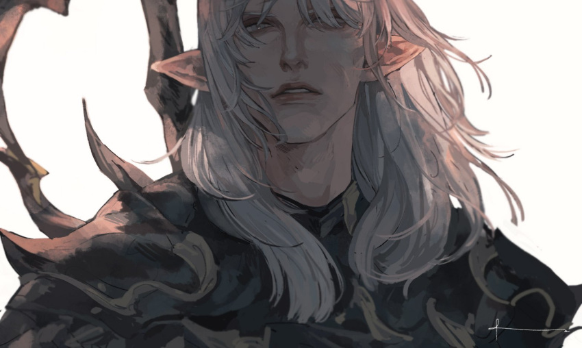 1boy armor bangs commentary dadadadadaist dragoon_(final_fantasy) elezen elf estinien_wyrmblood final_fantasy final_fantasy_xiv grey_eyes hair_over_eyes lance long_hair looking_at_viewer male_focus parted_lips pauldrons pointy_ears polearm portrait shoulder_armor silver_hair solo weapon white_background