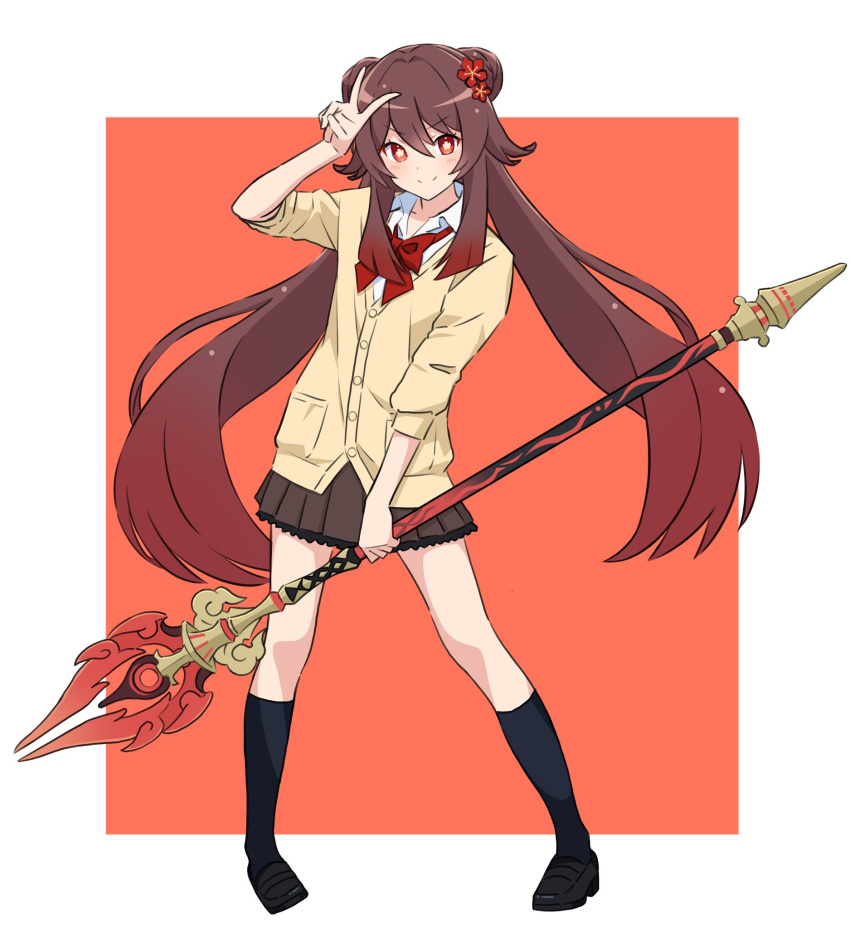 1girl black_footwear black_legwear brown_hair cardigan flower full_body genshin_impact hair_flower hair_ornament hand_up highres holding holding_weapon hu_tao_(genshin_impact) kneehighs kousuke0912 loafers long_hair long_sleeves looking_at_viewer pleated_skirt polearm red_eyes school_uniform shoes skirt smile socks solo staff_of_homa_(genshin_impact) star-shaped_pupils star_(symbol) symbol-shaped_pupils twintails v very_long_hair weapon