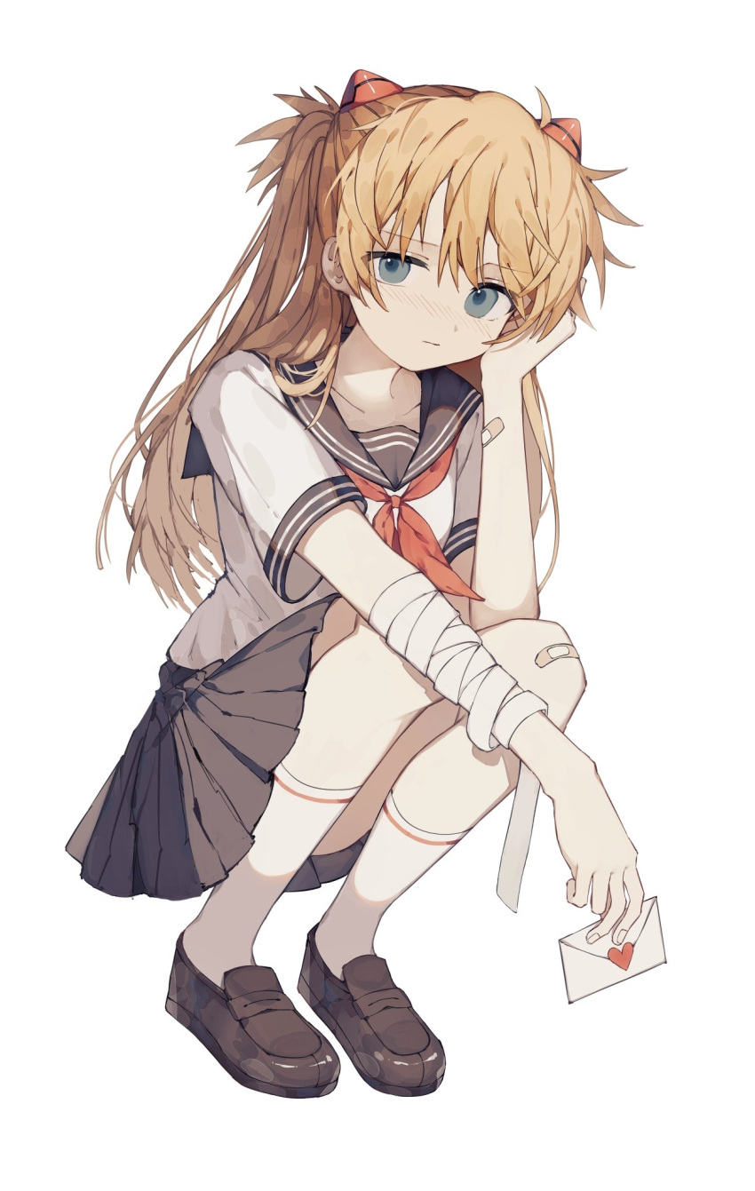 1girl bandaged_arm bandages bandaid bandaid_on_arm bandaid_on_knee black_sailor_collar blue_eyes brown_footwear brown_skirt closed_mouth commentary deep_(deep4946) eyebrows_visible_through_hair full_body hand_on_own_cheek hand_on_own_face heart highres holding holding_letter interface_headset kneehighs letter light_blush long_hair looking_at_viewer love_letter neckerchief neon_genesis_evangelion orange_hair pleated_skirt red_neckerchief sailor_collar school_uniform serafuku shirt shoes short_sleeves simple_background skirt solo souryuu_asuka_langley squatting white_background white_legwear white_shirt