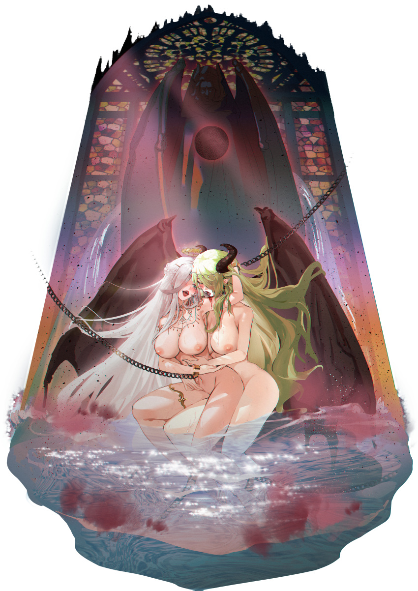 2girls absurdres alisia_(riftdevils) angel_and_devil blood blush breasts broken_halo bugie cannibalism chain chained commission commissioner_upload del_(riftdevils) demon demon_horns demon_wings green_hair hair_over_one_eye halo highres horns huge_breasts long_hair multiple_girls nipples nude open_mouth original reflection smile stained_glass statue very_long_hair water white_hair wings yuri