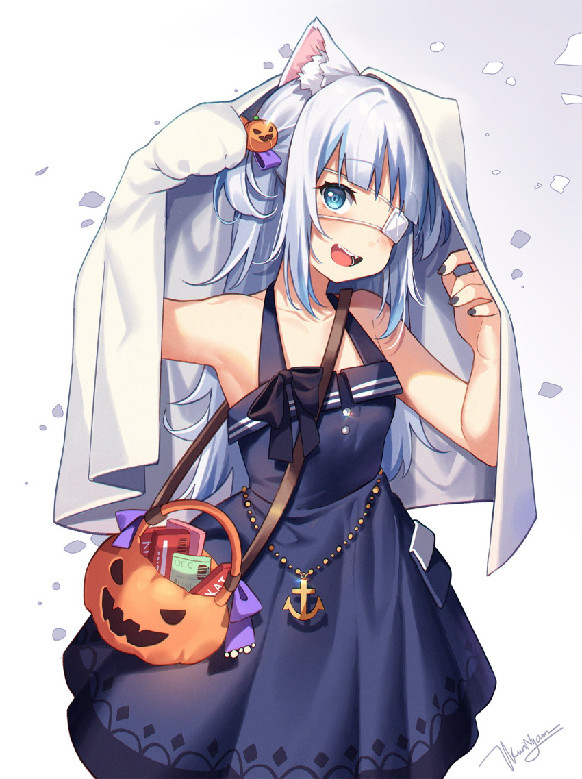 1girl :d animal_ear_fluff animal_ears arm_up armpits bangs bare_arms bare_shoulders black_nails blanket blue_dress blue_eyes blue_hair blush candy cat_ears commentary cowboy_shot dress eyebrows_visible_through_hair eyepatch food food-themed_hair_ornament gawr_gura hair_ornament halloween_bucket halter_dress halterneck hand_up highres hololive hololive_english kuri_(animejpholic) looking_at_viewer medical_eyepatch multicolored_hair nail_polish open_mouth pumpkin_hair_ornament signature silver_hair simple_background sleeveless sleeveless_dress smile solo standing streaked_hair symbol-only_commentary two_side_up virtual_youtuber