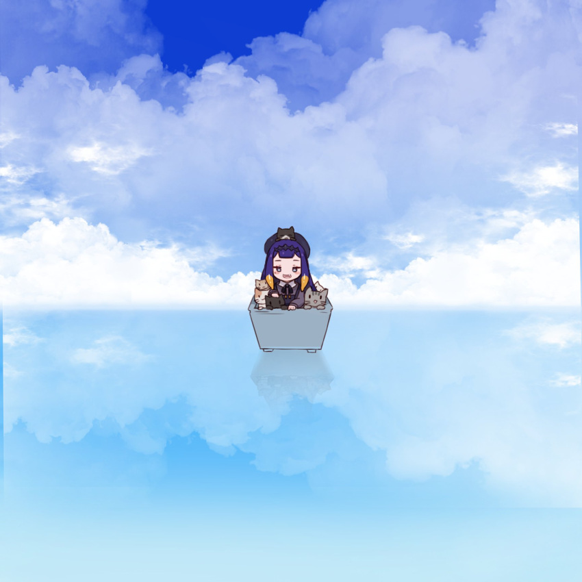 1girl animal_on_head beret black_headwear blue_eyes blue_hair blush cat cat_on_head chibi cloud commentary english_commentary fang hat highres hololive hololive_english minecart minecraft ninomae_ina'nis on_head open_mouth potssmann reflection sky solo virtual_youtuber whiskers