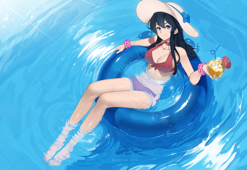 1girl artist_name bare_legs barefoot bikini blue_eyes blue_hair braid breasts choker cleavage closed_mouth cocktail_umbrella commentary crazy_straw cup day drink drinking_straw english_commentary eyebrows_visible_through_hair from_above full_body hair_between_eyes hat heart heart_print heart_straw holding holding_cup innertube legs_together long_hair looking_at_viewer medium_breasts original outdoors paavuchi partially_submerged pool red_bikini red_choker ripples scrunchie smile solo sun_hat sunlight swimsuit water white_headwear wrist_scrunchie