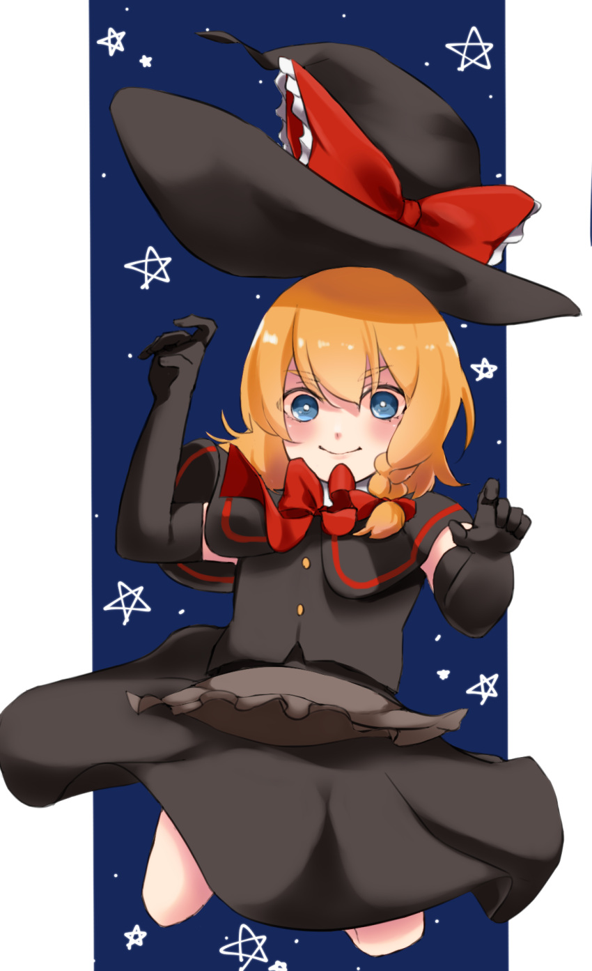 1girl apron bangs black_capelet black_gloves black_headwear black_skirt black_vest blonde_hair blue_eyes blush bow bowtie braid bright_pupils brown_apron buttons capelet closed_mouth commentary_request cookie_(touhou) dare_who_zzzz elbow_gloves frilled_apron frilled_bow frills full_body gloves hair_bow hat hat_bow highres jumping kirisame_marisa looking_at_viewer medium_hair meguru_(cookie) red_bow red_bowtie side_braid single_braid skirt smile solo star_(symbol) touhou vest waist_apron white_pupils witch_hat