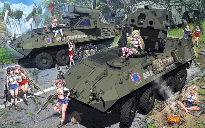 &gt;_&lt; 6+girls :d ^_^ anti-materiel_rifle apple armored_fighting_vehicle assault_rifle backpack bag bangs barefoot barrett_m82 black_hair blonde_hair blue_eyes blue_sky blush_stickers boots boots_removed bow breasts brown_eyes brown_hair building bushmaster_acr campfire cleavage closed_eyes cloud collar collared_shirt commentary_request cooking eating fang food front-tie_top fruit grass gun h&amp;k_hk416 hair_bow hase_yu headband indian_style jerry_can knee_pads large_breasts lav-25 log m249 m4_carbine m60 machine_gun midriff miniskirt mk_18_carbine multiple_girls navel necktie original pink_hair post-apocalypse pouch rifle ruins shirt sitting skirt sky sleeping_bag sleeveless sleeveless_shirt small_breasts smile smoke sniper_rifle socks_removed sr-25 thighhighs translation_request twintails water waterfall weapon zettai_ryouiki