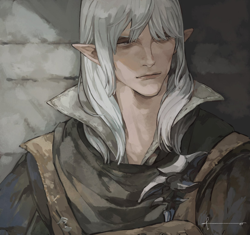 1boy bangs black_coat brooch brown_vest coat commentary dadadadadaist elezen elf estinien_wyrmblood final_fantasy final_fantasy_xiv grey_eyes hair_over_eyes highres jewelry long_hair looking_to_the_side male_focus pointy_ears portrait silver_hair solo stone_wall vest wall