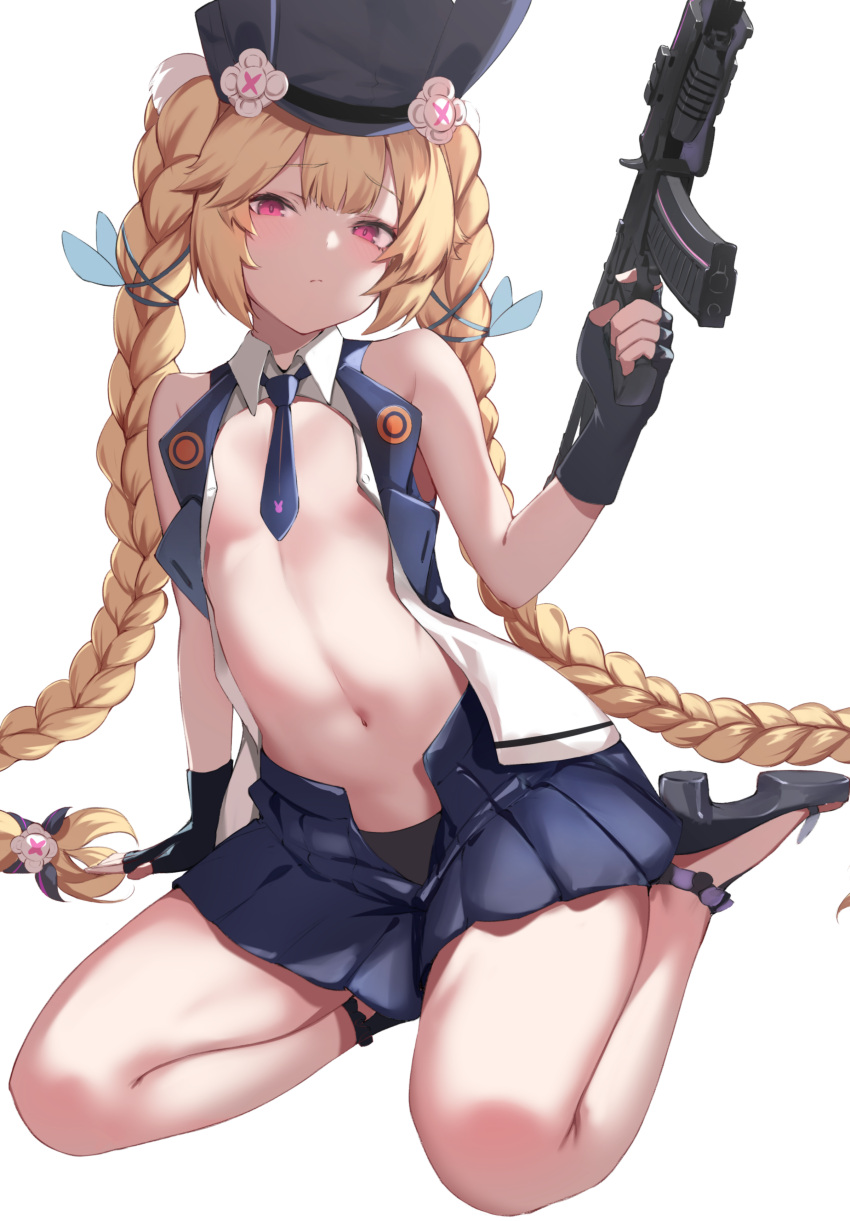 1girl absurdres assault_rifle bangs black_footwear black_gloves blonde_hair blue_headwear blue_necktie blue_skirt braid closed_mouth eyebrows_visible_through_hair fingerless_gloves flat_chest girls'_frontline gloves gun hat highres holding holding_gun holding_weapon long_hair looking_at_viewer navel necktie red_eyes rifle shoes sitting skirt solo spider_apple sr-3mp sr-3mp_(girls'_frontline) stomach very_long_hair wariza weapon