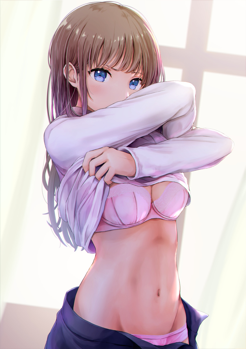1girl absurdres black_skirt blue_eyes bra breasts brown_hair cleavage commentary_request covered_nipples groin highres long_hair long_sleeves looking_at_viewer medium_breasts navel open_clothes open_skirt original panties pink_bra pink_panties shirt skirt solo stomach tokeshi underwear undressing upper_body white_shirt
