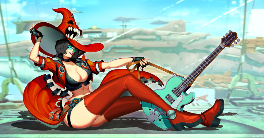 1girl adjusting_clothes adjusting_headwear belt black_hair black_shirt blue-tinted_eyewear boots breasts choker cleavage commission crop_top cropped_jacket electric_guitar fingerless_gloves from_side full_body genzoman gloves guilty_gear guitar hat highres i-no instrument jacket knee_boots large_breasts lipstick looking_back makeup purple_lips red_footwear red_headwear red_jacket red_skirt sharp_teeth shirt short_hair sitting skirt solo sunglasses teeth thigh_boots thighhighs thighs tinted_eyewear venus_symbol witch_hat