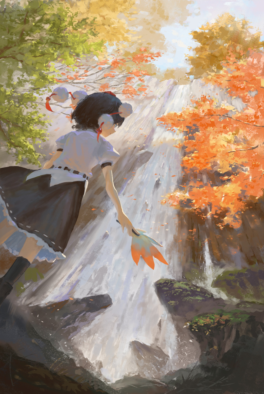 1girl autumn autumn_leaves back black_hair black_legwear black_ribbon black_skirt bunbunmaru collared_shirt fjsmu frilled_skirt frills from_behind geta hat hauchiwa highres kourindou_tengu_costume leaf_print mountain mountain_of_faith nature outdoors pom_pom_(clothes) red_eyes ribbon shameimaru_aya shirt skirt solo tengu tengu-geta tokin_hat touhou water waterfall white_shirt