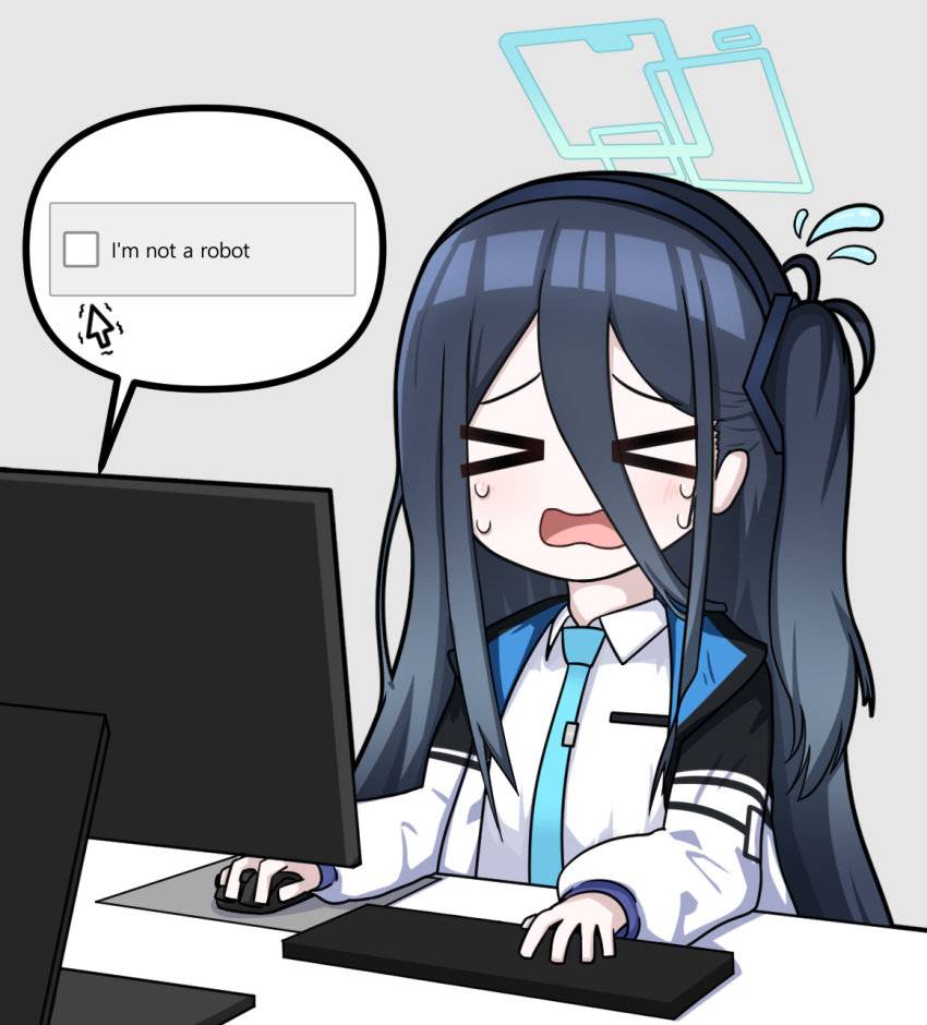 &gt;_&lt; 1girl arisu_(blue_archive) black_hairband blue_archive blush breast_pocket captcha collared_shirt cursor dark_blue_hair english_commentary flying_sweatdrops furrowed_brow grey_background hair_between_eyes hairband highres jacket jn_7_3 keyboard_(computer) long_hair monitor mouse_(computer) mousepad_(object) necktie open_mouth pocket school_uniform shirt simple_background solo speech_bubble sweatdrop trembling wavy_mouth