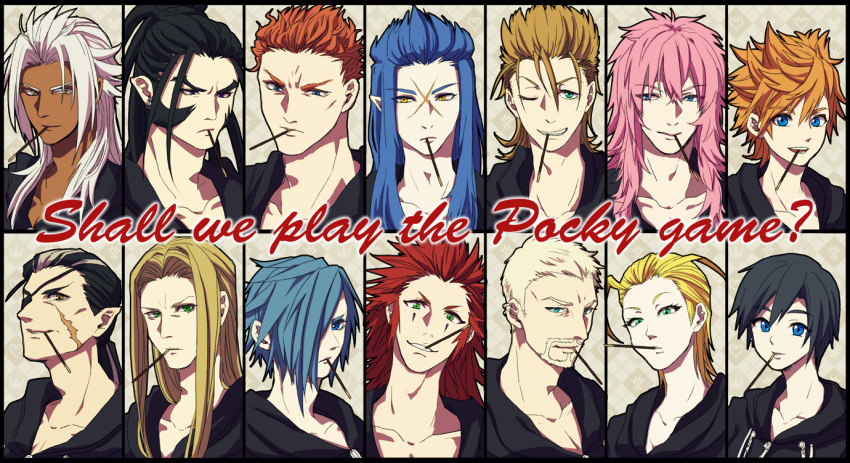 2girls 6+boys axel_(kingdom_hearts) bangs black_coat_(kingdom_hearts) black_hair blonde_hair blue_eyes blue_hair brown_hair dark-skinned_male dark_skin demyx eyepatch facial_hair food green_eyes grey_hair kingdom_hearts larxene lexaeus long_hair luxord marluxia mouth_hold multiple_boys multiple_girls noitigo-fuck organization_xiii pink_hair pocky ponytail red_hair roxas saix scar short_hair silver_hair smile vexen white_hair xaldin xemnas xigbar xion_(kingdom_hearts) yellow_eyes zexion