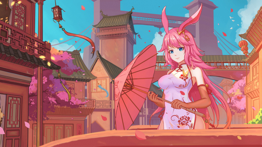 1girl absurdres animal_ears architecture bare_shoulders blue_eyes blue_sky bridge cherry_blossoms china_dress chinese_clothes closed_mouth dress east_asian_architecture elbow_gloves fox_ears gloves highres holding holding_umbrella honkai_(series) honkai_impact_3rd lattice looking_at_viewer outdoors petals pink_hair red_gloves sky sleeveless sleeveless_dress smile solo tree umbrella white_dress yae_sakura yeyufeng