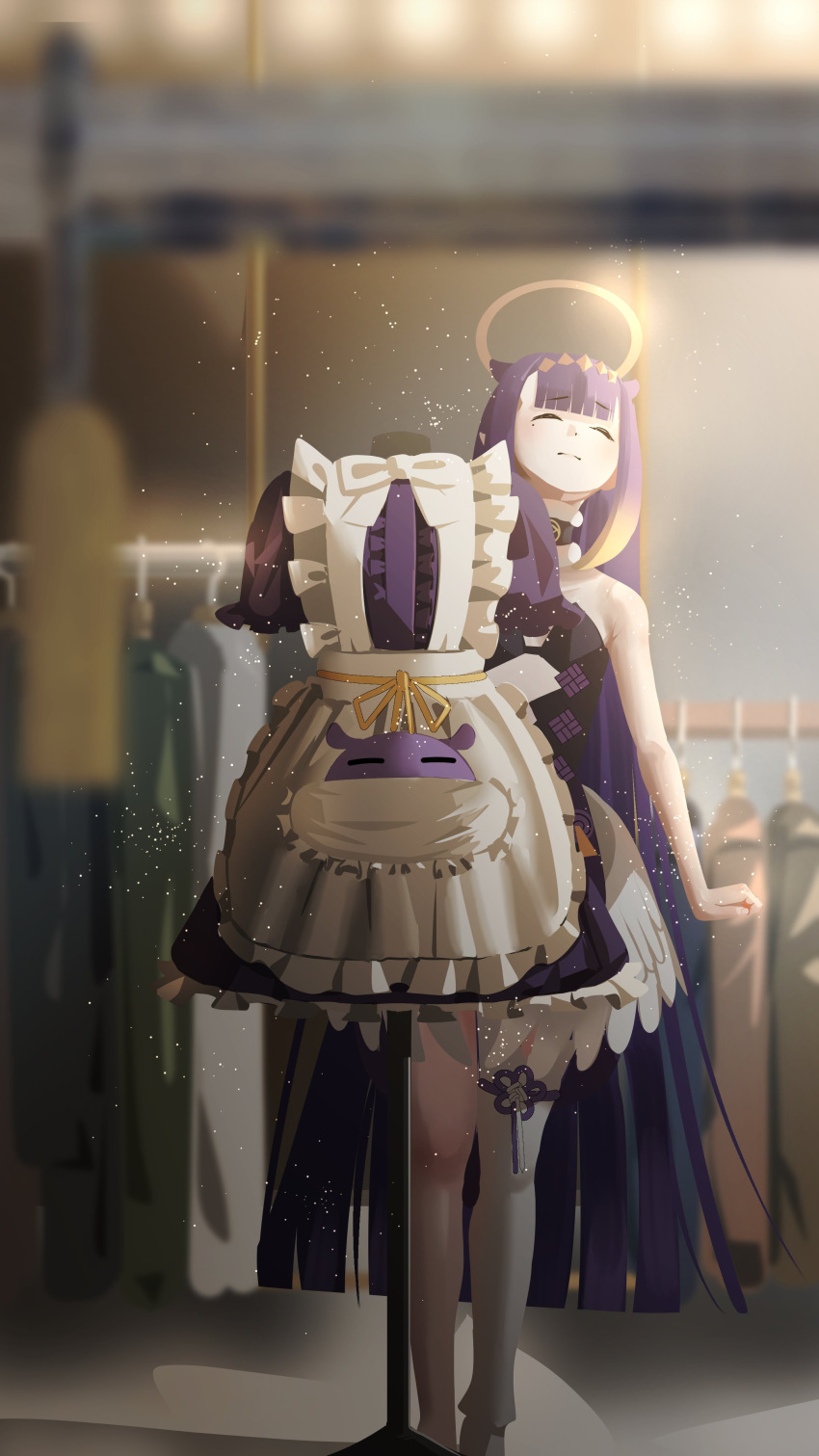 1girl absurdres apron black_dress closed_eyes clothes_rack dress eyebrows_visible_through_hair facing_away flat_chest fur_choker halo highres hololive hololive_english long_hair low_wings maid_apron mole mole_under_eye ninomae_ina'nis purple_hair single_thighhigh solo strapless strapless_dress tako_(ninomae_ina'nis) tentacle_hair thighhighs tube_dress very_long_hair virtual_youtuber wings yamaharu_(xxzf7284)