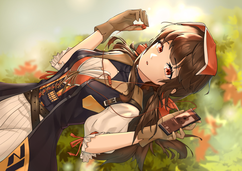 1girl absurdres autumn autumn_leaves black_hair corset digital_media_player dress dutch_angle earbuds earphones falcon_(girls'_frontline) girls'_frontline gloves highres ji_bu_qing_ziji-bottle leaf long_hair lying mixed-language_commentary on_back open_mouth red_eyes shirt solo very_long_hair white_shirt