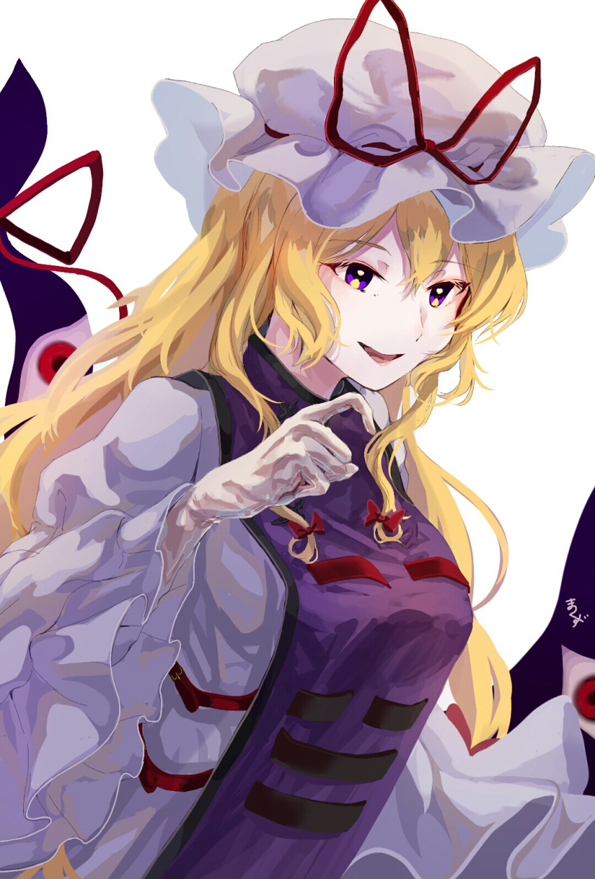 1girl blonde_hair bow breasts dress elbow_gloves frilled_dress frills gap_(touhou) gloves hair_bow hat hat_ribbon highres long_hair long_sleeves matsukuzu mob_cap puffy_short_sleeves puffy_sleeves purple_dress purple_eyes red_ribbon ribbon short_sleeves sidelocks sleeve_ribbon smile solo tabard touhou trigram white_dress wide_sleeves yakumo_yukari yellow_eyes