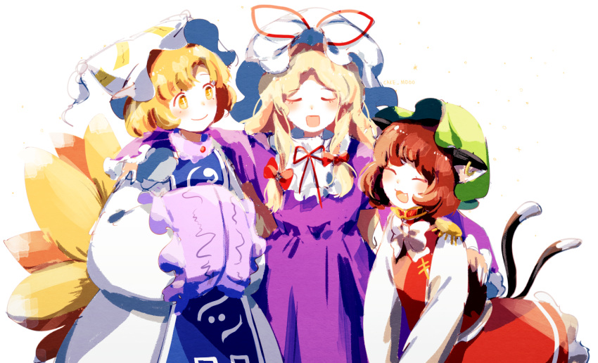 3girls animal_ears blonde_hair blue_tabard breasts brown_hair cat_ears cat_tail chen closed_eyes dress earrings fox_ears fox_tail frilled_dress frills green_headwear hat hat_ribbon jewelry long_hair long_sleeves mob_cap multiple_girls multiple_tails nekomata open_mouth papang pillow_hat puffy_short_sleeves puffy_sleeves purple_dress red_dress ribbon short_hair short_sleeves single_earring smile tabard tail touhou trigram two_tails white_background white_dress yakumo_ran yakumo_yukari yellow_eyes